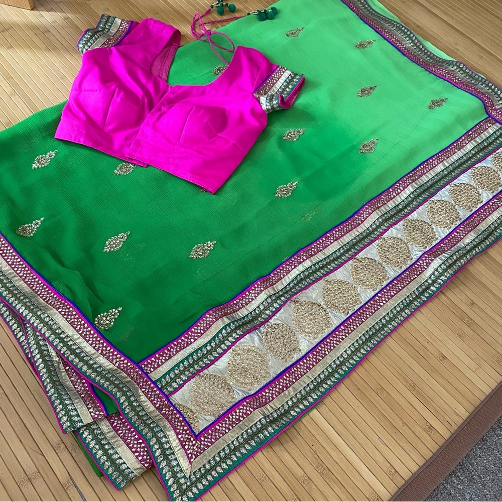 Indian Saree & Stitched Choli Blouse Hot Pink Green Ombre Shaded Party Bollywood